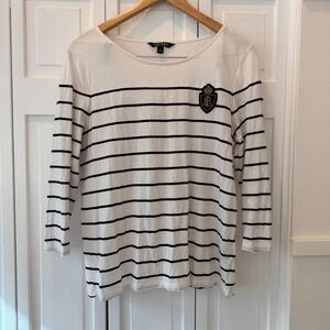 Lauren Ralph Lauren Striped Bullion Crest Top White Navy L 3/4 Sleeve Preppy